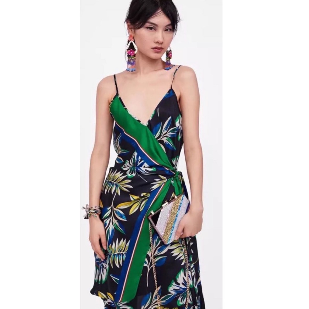 Zara Black and Green Floral Wrap Dress